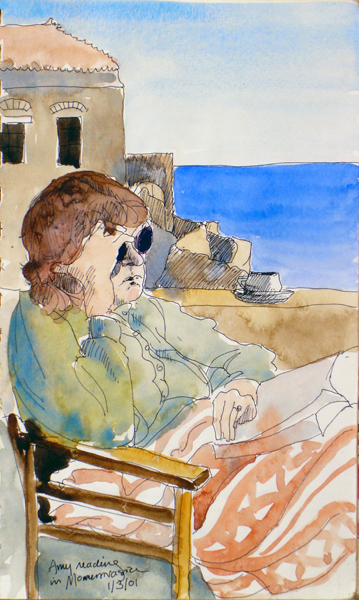Amy reading in Monemvasia