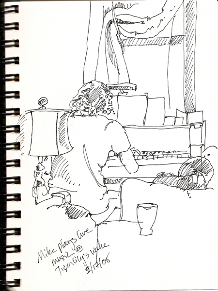 Mike plays live music at Tigerlily's wake